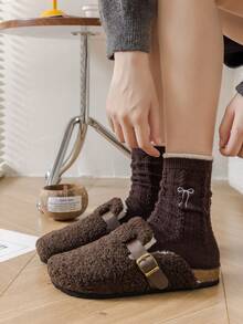 1/2/3/5 双装女士中筒袜，适合秋冬季节，可爱蝴蝶结图案，保暖舒适，可搭配靴子，厚羊毛袜，舒适袜