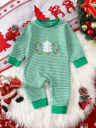 1pc Baby Christmas Tree Embroidery Green & White Striped Jumpsuit, Long Sleeve, Soft & Comfortable