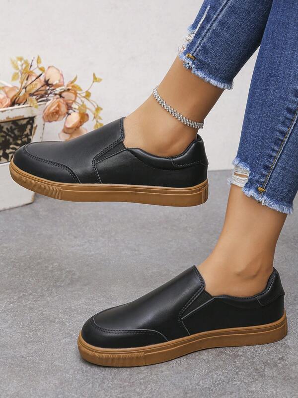 Zapatos planos de punta redonda con cierre de goma para mujer, color negro, adecuados para uso casual, deportivo, interior y exterior, para todas las estaciones