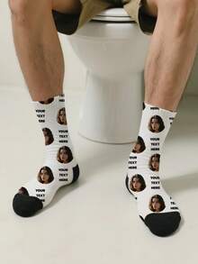 1PC Unisex Custom Portrait And Text Pattern White And Black Comfortable Casual Socks, Suitable For Daily Wear, Available In Multiple Colors, An Excellent Gift For Friends On Birthdays And Holidays