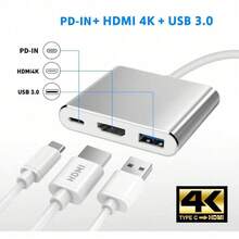1pc 3-In-1 USB-C To HDTV Interface Card For  Pro/Air And IPad Pro - Supports 4K Multi Port Audio/Video Conversion, Built-In USB 3.0, PD Power Delivery And Type-C Cable, HDTV To USB Interface Card, Multifunctional Connection, Compact Design, High-Sp - Silver - View 6