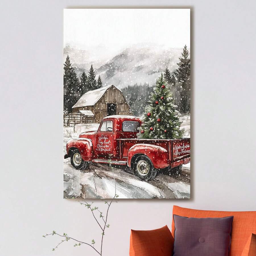 1 pièce Impression sur canevas d'art vintage d'un pick-up rouge et d'un arbre de Noël - Décoration murale rustique de style ferme pour le salon, la chambre à coucher sans cadre, impression sur canevas de haute qualité
