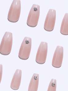 24 件裸色长棺材形按压指甲，乳白色渐变水钻日式美甲套装，含 1 个指甲锉和 1 个凝胶美甲用品 - 彩色 - 查看 5