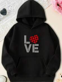 Hoodie Love Heart Print Valentine Red Buffalo Plaid Women Girls Hoodie 100_ Pure Cotton Hoodie,Fall Hoodies,Men's Fall Clothes,Street Wear,Halloween,Mens Hoodies,Y2k Clothes,Jesus Hoodie,Thanksgiving Day,Nightmare Before Christmas,Christmas - 黑色 - 查看 1