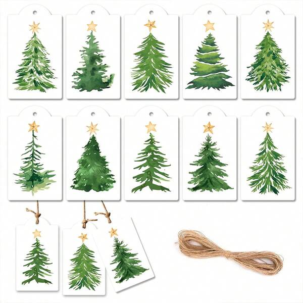 30pcs Watercolor Christmas Pine Tree Greeting Cards With Star Decor - Holiday Gift Tags, Including Jute Twine For Packaging And Box Decoration, Holiday Decor