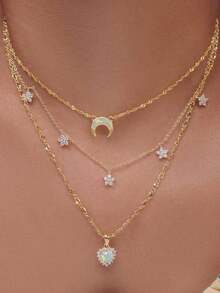 Rhinestone Star & Moon Charm Layered Necklace Necklace For Women For Daily Decoration Ladies' Necklace Fashionable Accessories - 1個 - 查看 1