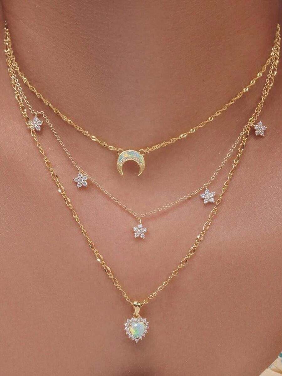 Rhinestone Star & Moon Charm Layered Necklace Necklace For Women For Daily Decoration Ladies' Necklace Fashionable Accessories - 1個 - 查看 1