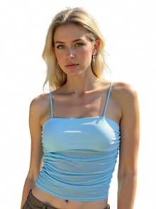 Women's Mesh Cami Tops Sleeveless Square Neck Solid Color Ruched Camisole Summer Tank Tops - Lake Blue - View 6