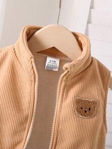 1pc Spring/Autumn New Baby Girls Crew Neck Sleeveless Jacket, Toddler Girls Beige Bear Print Vest, Fashionable Soft & Warm Casual Outerwear For Infant Daily Wear