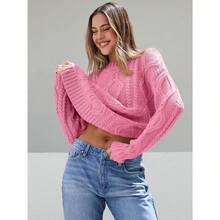 2025  Women's Oversized Cable Knit Crewneck Sweaters - Rose Pink - View 4