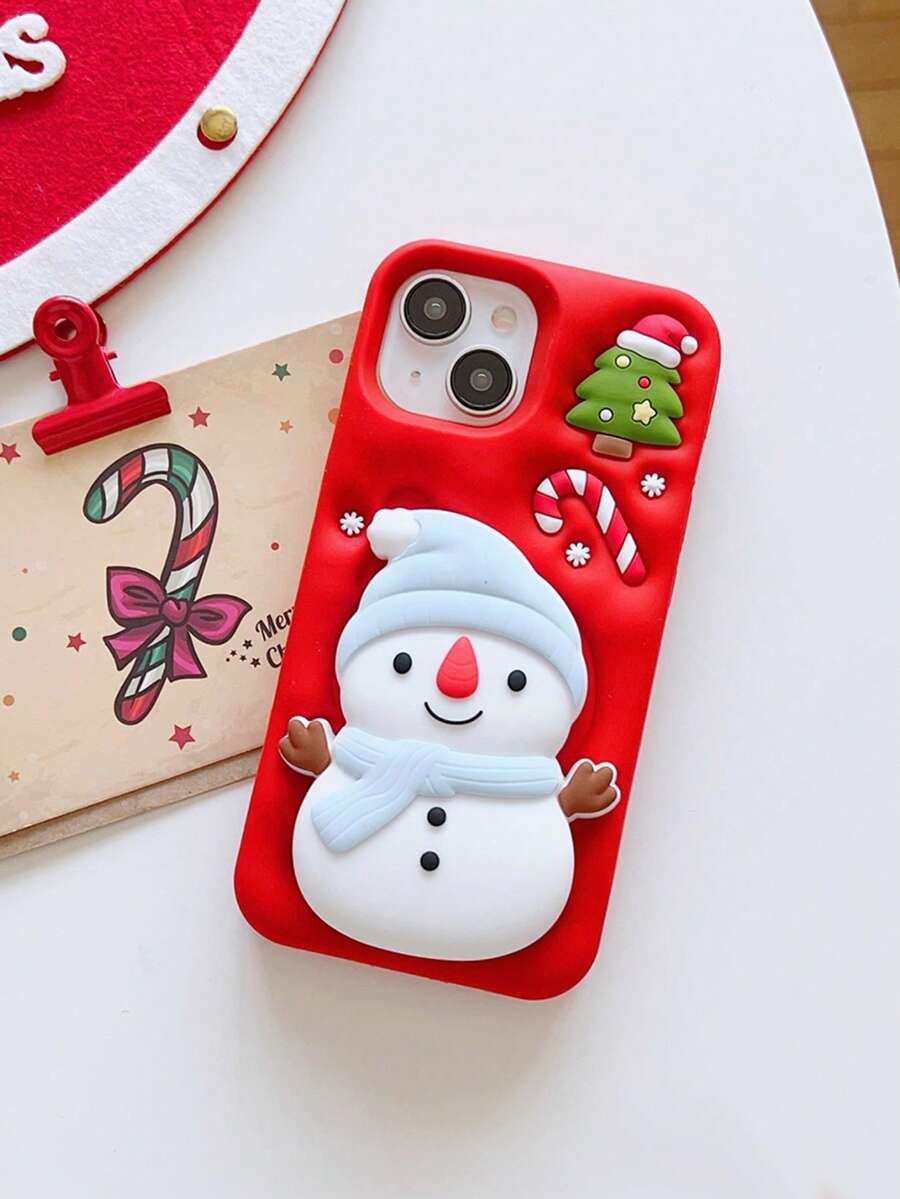 Cute Snowman On Red Background Cartoon Christmas Phone Case, Silicone Shockproof Cover Compatible With Apple 17/16/15/14/13/12 Pro Max