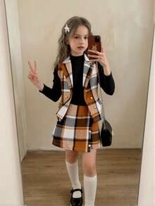 3 件女士优雅秋冬套装：格子背心外套 + 黑色纹理高领上衣 + 格子迷你裙，时尚、优雅，适合休闲和日常穿着 - 黑色 - 查看 1