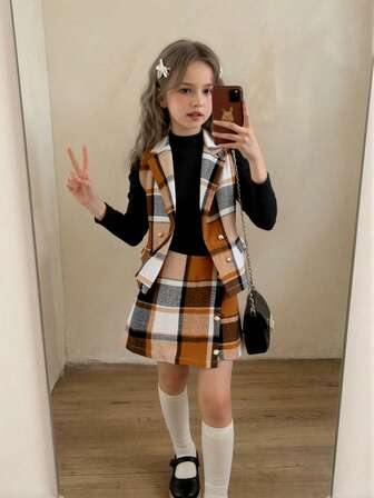 3 piezas Conjunto elegante de otoño/invierno para mujer: Chaleco de chaqueta a cuadros + Top de cuello alto texturizado negro + Falda mini a cuadros, de moda, elegante y adecuado para uso casual y diario