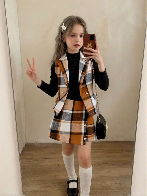 3 Teile Damen elegantes Herbst/Winter Set: karierter Westen Jacke + schwarzer strukturierter Rollkragenpullover + karierter Minirock, modisch, anmutig und geeignet für Lässig und Alltag