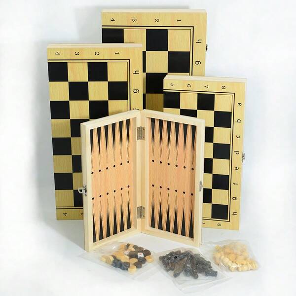 1 Set Ajedrez Internacional de Madera 3 en 1, Juego de Ajedrez de Madera Sólida, Tablero de Ajedrez Plegable y Portátil