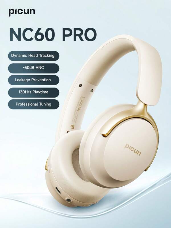 Picun Picun NC60 PRO Over-Ear Wireless Headphones With Active Noise Cancelling, Deep Bass, Hi-Res Stereo Sound, Lightweight Foldable Design For Travel & Office