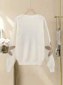 Women's Polyester Long Sleeve Ribbed Knit Pullover Sweater With Leaf Pattern Detail, Regular Length, Suitable For Everyday Wear - White - View 3