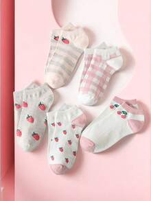 5 paires de chaussettes courtes pour femmes, motif fraise, mignonnes, , polyvalentes et respirantes. Conviennent pour la maison, l'extérieur et plus encore.