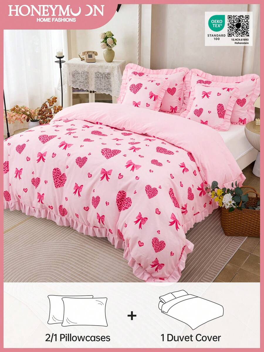 2/3件套浪漫法式风格被套套装，包含1件被套和1/2个枕套，柔软透气，时尚豹纹蝴蝶结装饰，适合卧室和宿舍，适用于单人床、双人床、大号床、特大号床，通过Oeko-Tex认证