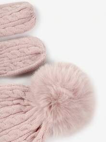 2pcs Baby Soft Yarn Ball Hat With Gloves Set, Warm And Suitable For Indoor/Outdoor Use In All Seasons, Cute And Sweet Style, 1 Hat And 1 Pair Of Gloves - Pink - View 5