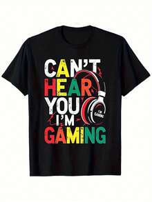 Men'S Heavyweight 180gsm Gaming T-Shirt - "Can't Hear You I'm Gaming" Slogan & Headphones Graphic Print, Black With Red/Yellow/White Lettering, Casual Streetwear Round Neck Short Sleeve Tee For Gamers, All-Season Comfort Fit, Gamer Lifestyle - 黑色 - 查看 1