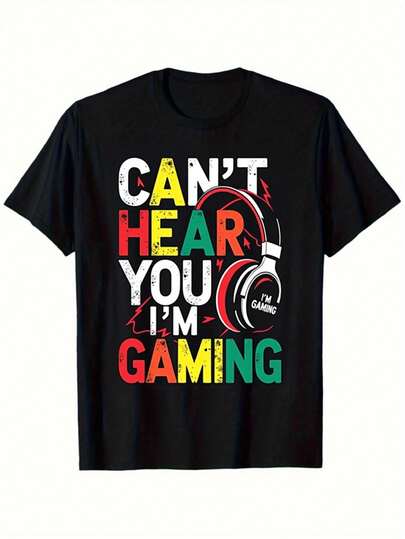 Men'S Heavyweight 180gsm Gaming T-Shirt - "Can't Hear You I'm Gaming" Slogan & Headphones Graphic Print, Black With Red/Yellow/White Lettering, Casual Streetwear Round Neck Short Sleeve Tee For Gamers, All-Season Comfort Fit, Gamer Lifestyle
