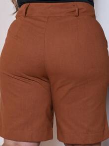 Bermuda Linen Fabric Women's Short Plus Size Elegant Fashion New - 焦糖 - 查看 8
