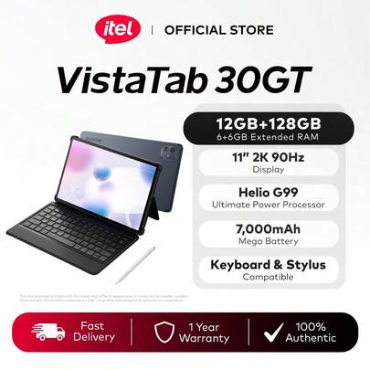 itel جهاز لوحي VistaTab 30GT، ذاكرة وصول عشوائي 4 جيجابايت + ذاكرة تخزين 128 جيجابايت، شاشة 11 بوصة 2K بتردد 90 هرتز | بطارية 7000 مللي أمبير | نظام تشغيل أندرويد 15 | جهاز لوحي مزود بأدوات تعليمية ذكية