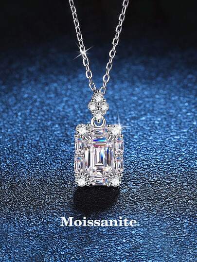 1pc Elegant Luxury 925 Sterling Silver 1 Carat Emerald Cut Moissanite Necklace, Suitable For Women's Daily Wear, Party, Holiday, Valentine's Day, Christmas, Wedding Anniversary, Shiny Jewelry Gift For Her