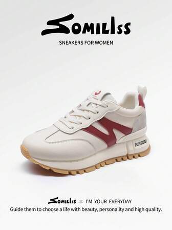 somiliss Women's Non-Slip Casual Sports Shoes, Lace-Up Front, Leather & Fabric Patchwork, Comfortable Flat Tennis Running Shoes, Classic Outdoor Low-Top Walking Shoes, Versatile For Travel, Work, All Seasons, Red
