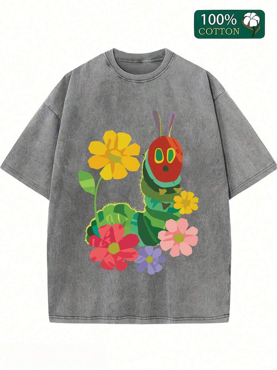 The Very Hungry Caterpillar Flower Graphic Washed T-Shirt Crew Neck Short Sleeve, Summer Graphic Tees, 230 Grams Heavyweight Casual - 灰色 - 查看 1