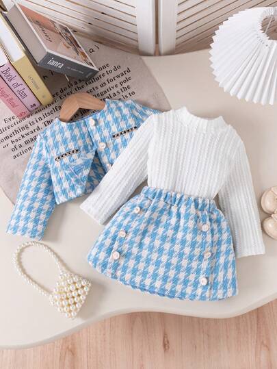 3 Stücke/Set Modische rote karierte Jacke, Rollkragentop & Rock mit Rosenknöpfen für Kleinkind Mädchen, Herbst/Winter