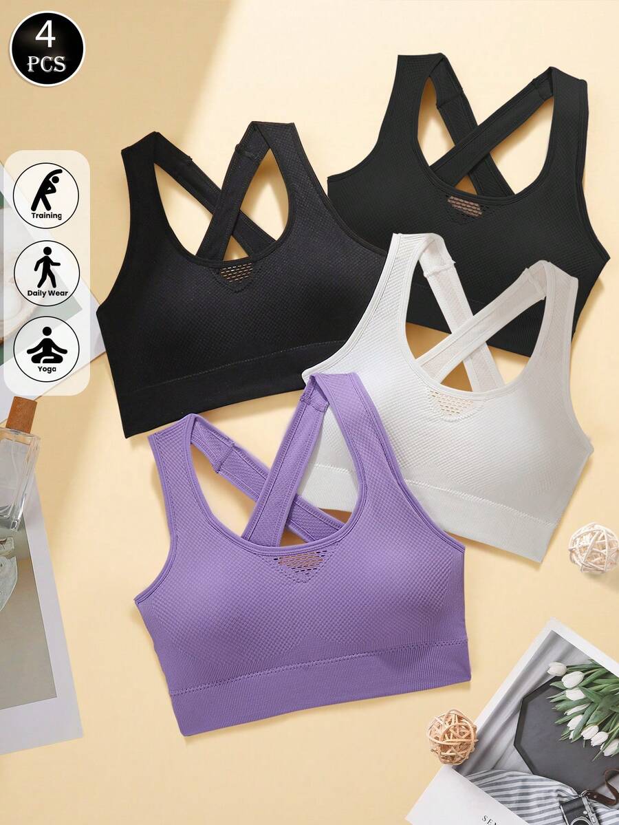 4PCS Seamless Mesh Women's Sports Bra Fitness Gym Running Underwear Shockproof Bra Without Wire Ring Large Size Short Breathable Yoga Bra - 彩色 - 查看 1