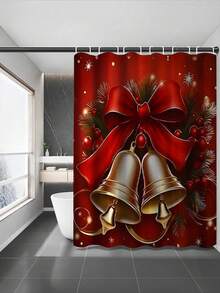 1/4pcs Christmas Bell Pattern Shower Curtain Set, Includes 12 Hooks, Bathroom Decor Accessories, Non-Slip Bath Mat, U-Shaped Mat, Toilet Seat Cover, Home Decor, Complete Bathroom Set (1pc/4pcs Optional) - Multicolor - View 9