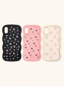 Black White Pink Bowknot Fashion Phone Cases 3pcs Dopamine Themed Wavy Edge Bowknot Pattern Phone Cases Compatible With IPhone & Galaxy Phones Spring Gift - Multicolor - View 24