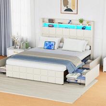 Upholstered Bed 140x190 Cm With 4 Drawers, With LED & USB, Storage Bed With Storage, 2 Person Bed, Metal Frame, Faux Leather, Beige - 查看 6