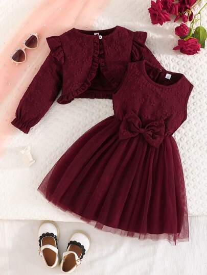 2pcs/Set Young Girls Elegant Fashion Sweet Lady Style Snowflake Pattern Cardigan Jacket And Bow Tie Mesh Dress Outfit