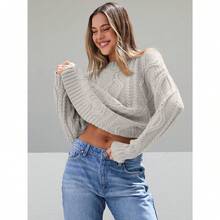 2025  Women's Oversized Cable Knit Crewneck Sweaters - Pastel Gray - View 4