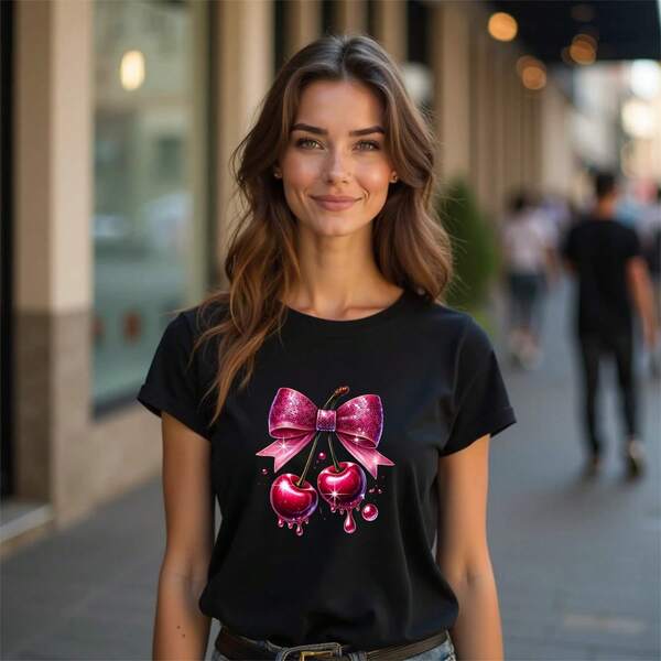 Camiseta Tshirt Feminina Cherry Estampada Cereja com Laço Fashion