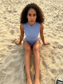 Strapless Bodysuit With Knot Detail, Simple Textured, Beach Vacation Style, Simple Textured Knit, Cable Knit, Beach Vacation Style. - 藍色 - 查看 2