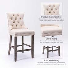 Virabit Velvet Counter Height Bar Stools Set Of 2, 27" Padded Bar Stool With Button And Nailhead Decoration, Bar Stool With Back And Wooden Legs(Beige)