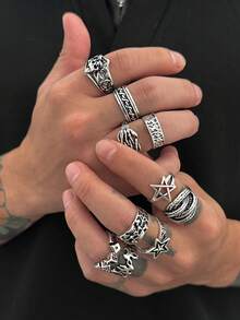 10pcs Fashionable Geometric Metal Rings, Star & Skull Rings, Can Be Stacked Or Worn Individually, Some Adjustable, Men's Hip-Hop Punk Charm Jewelry, Ring Sizes Shown In Detail Images - 10pcs - View 18