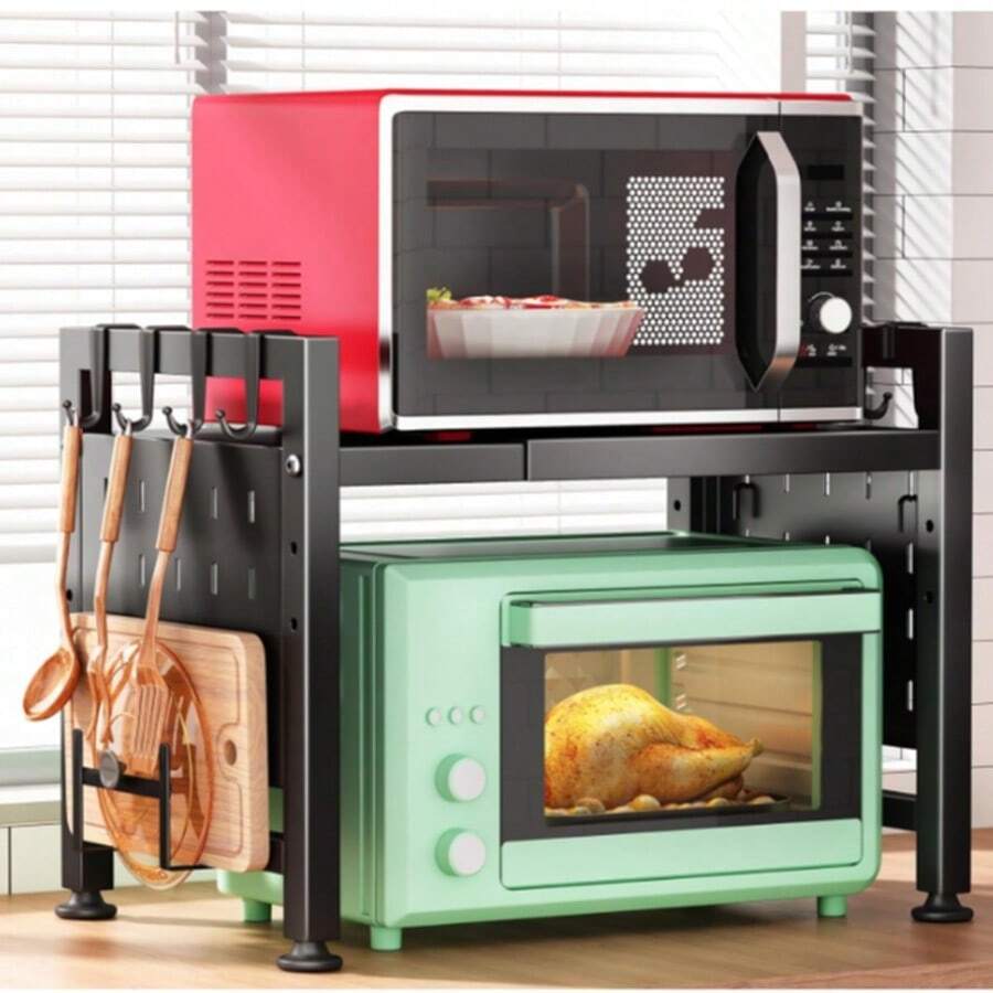 Kitchen Shelf, Single-Tier Kitchen Microwave Shelf, Multifunctional Kitchen Spice Rack, Extendable, For Microwave, Organizer For Kitchen, Microwave, 2 Tiers, With Hooks, 42 - 68 X 36 X 46 Cm, Home Decor, Party & Christmas Storage - Black - View 1