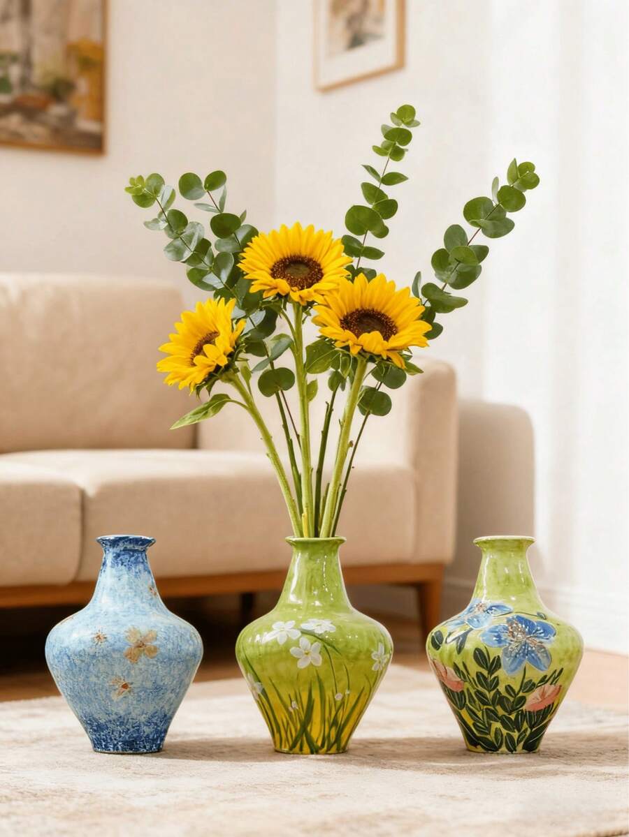 3 pièces Vases à fleurs en céramique peints à la main, vases en céramique vintage de forme de bulbe avec motifs floraux et papillons, faits main. Décoration de maison, arrangement floral, décoration de printemps, décoration de pièce, vase en verre