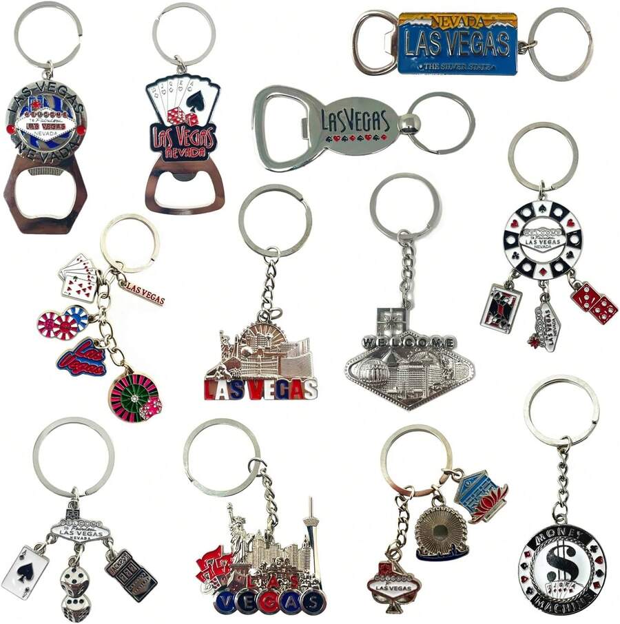 12 Pcs Las Vegas Keychain Metal Ring, 4 Bottle Openers, Poker Chip, Nevada License Plate, Casino, Dice, Slot Machine, Good Luck Charm For Gambling, Las Vegas Key Chain Souvenir, Gifts, BundleChristmas - 1 - 查看 1