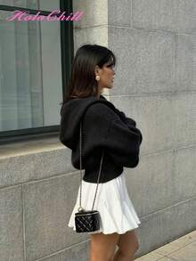 HoloChill Women's Hooded Contrast Button Pocket Drawstring Casual Cardigan, 2025 Autumn/Winter New Collection, Suitable For Christmas