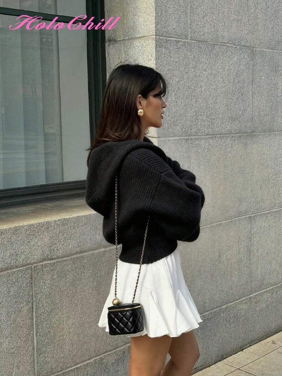 HoloChill Women's Hooded Contrast Button Pocket Drawstring Casual Cardigan, 2025 Autumn/Winter New Collection, Suitable For Christmas