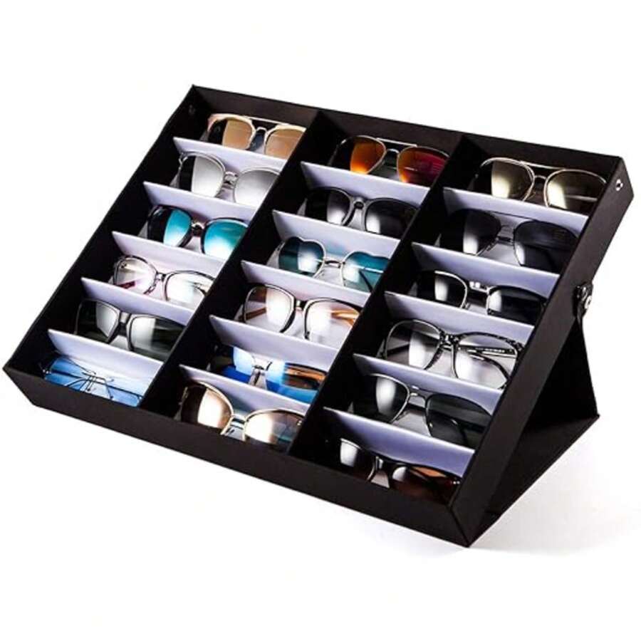 18 Slot Sunglasses Organizer Box Stand Display Case/Tray, Multiple Glasses Case Box Eyewear Case With Lid, Fabric Lined & Snap Close 18.5x14.5x2.4inch - trắng - Xem 1