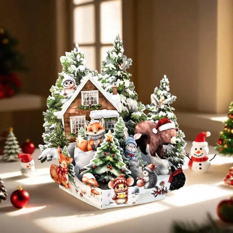 1 Stück Weihnachtsgrußkarte - 3D Winterwald Szene mit Tieren, handgemachtes Wintergeschenk