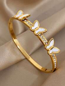 Juego de pulsera de acero inoxidable chapada en oro de 18K con elegante diseño de mariposa y lazo de circonita, joyería romántica y eterna como regalo para mamá en Navidad, Acción de Gracias, Halloween, boda, fiesta, uso diario, aniversario, San Valentín, cumpleaños, dama de honor